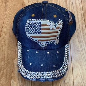 🟣 Baseball cap distressed denim USA Bling NWT